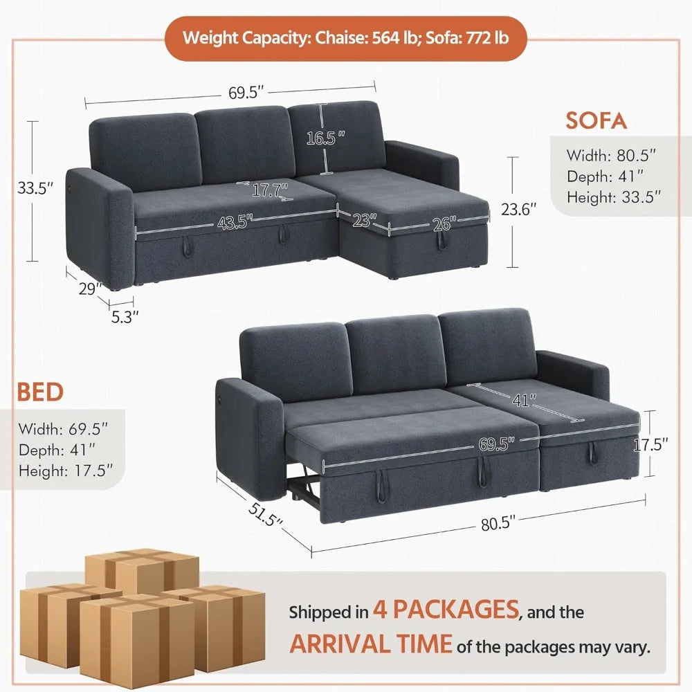 L-Shaped Sectional Sofa Bed with Chaise & USB Ports