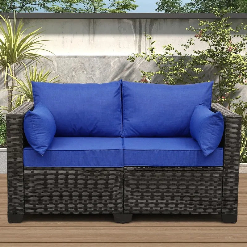 Outdoor PE Wicker Loveseat Sofa with Blue Cushions