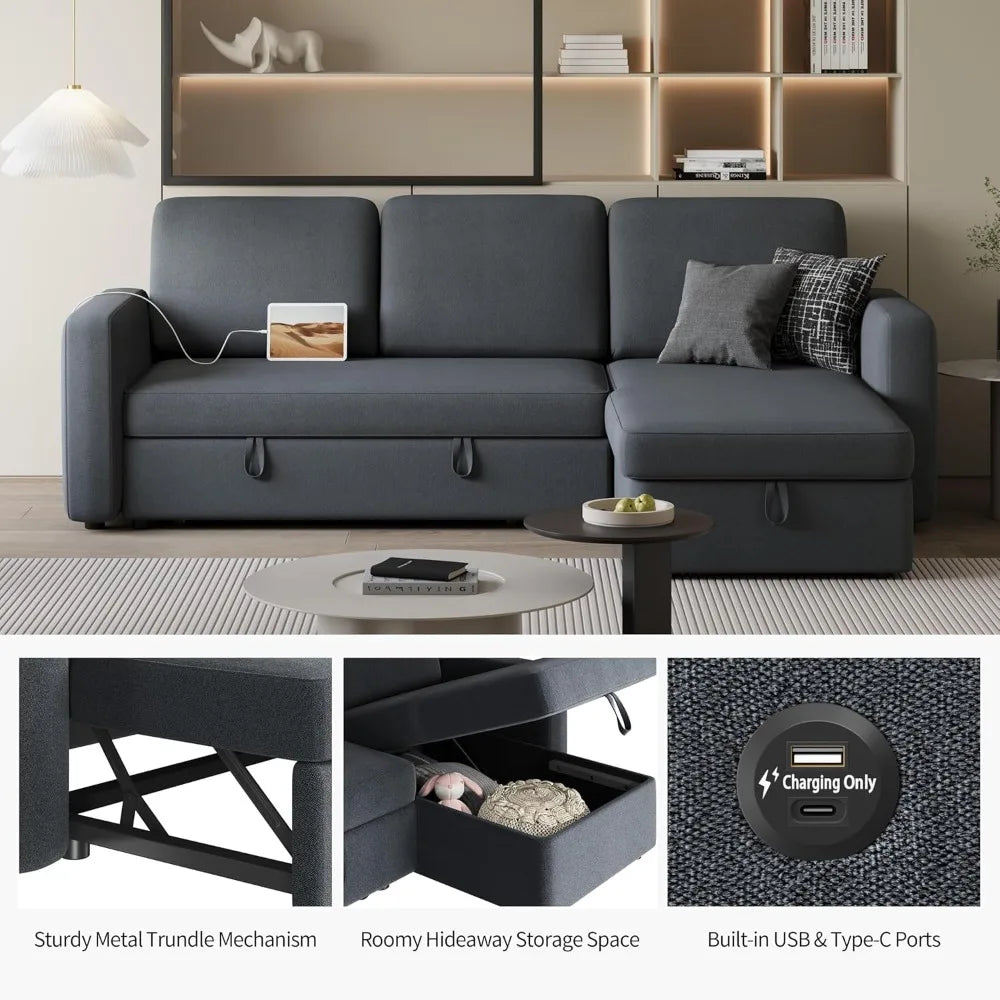 L-Shaped Sectional Sofa Bed with Chaise & USB Ports