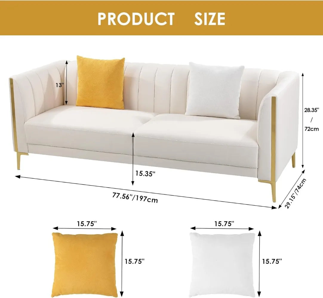 Modern 78" White Faux Leather Sofa with Gold Legs