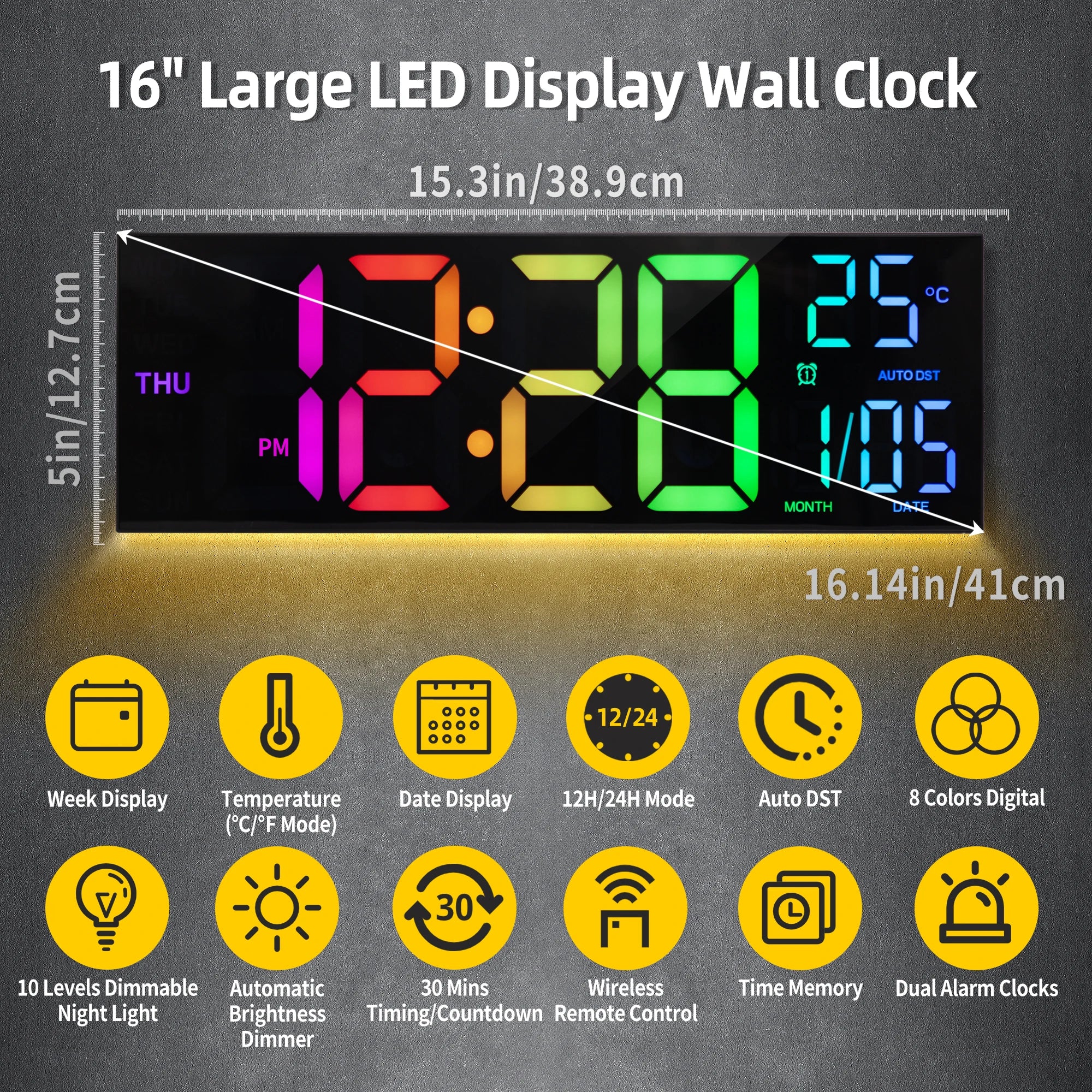 Large RGB Digital Wall Clock