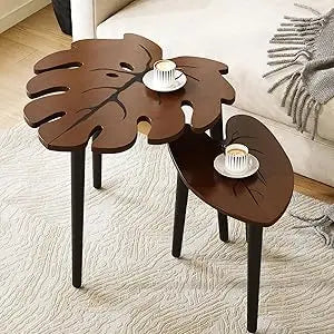 Modern Wooden Nesting Tables Set of 2 Monstera Design