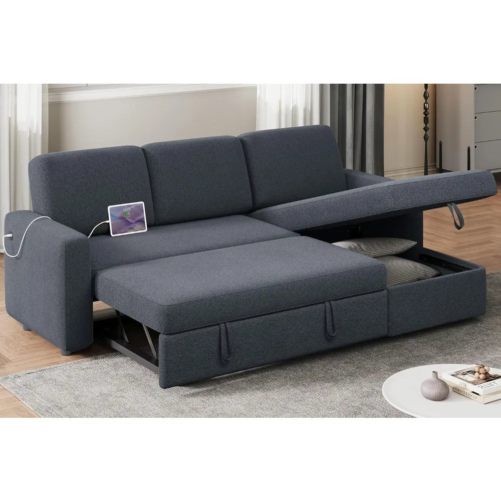 L-Shaped Sectional Sofa Bed with Chaise & USB Ports