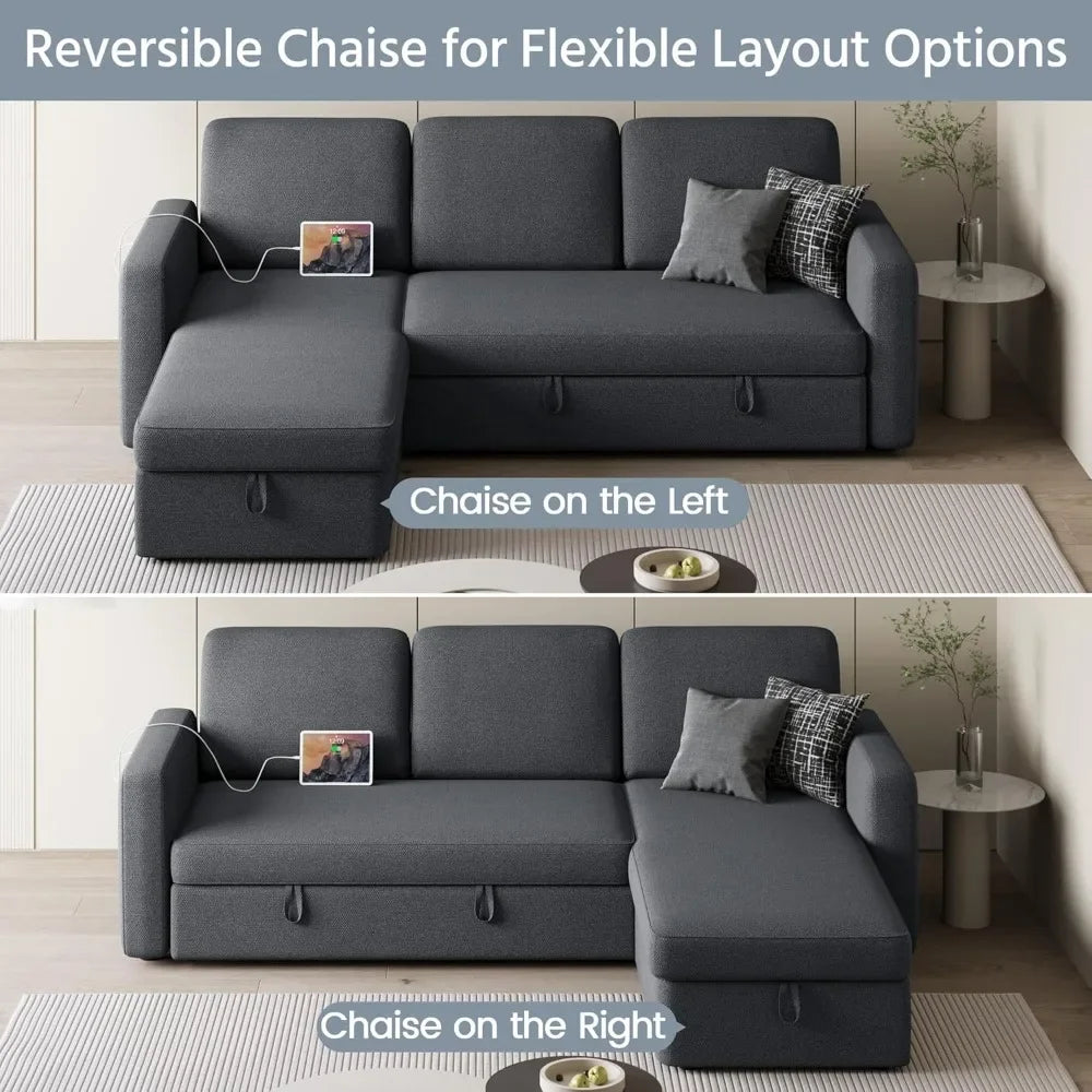 L-Shaped Sectional Sofa Bed with Chaise & USB Ports