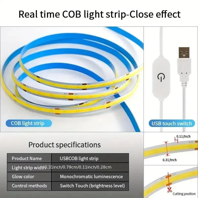 USB COB LED Strip Light 5V Dimmable Touch Control