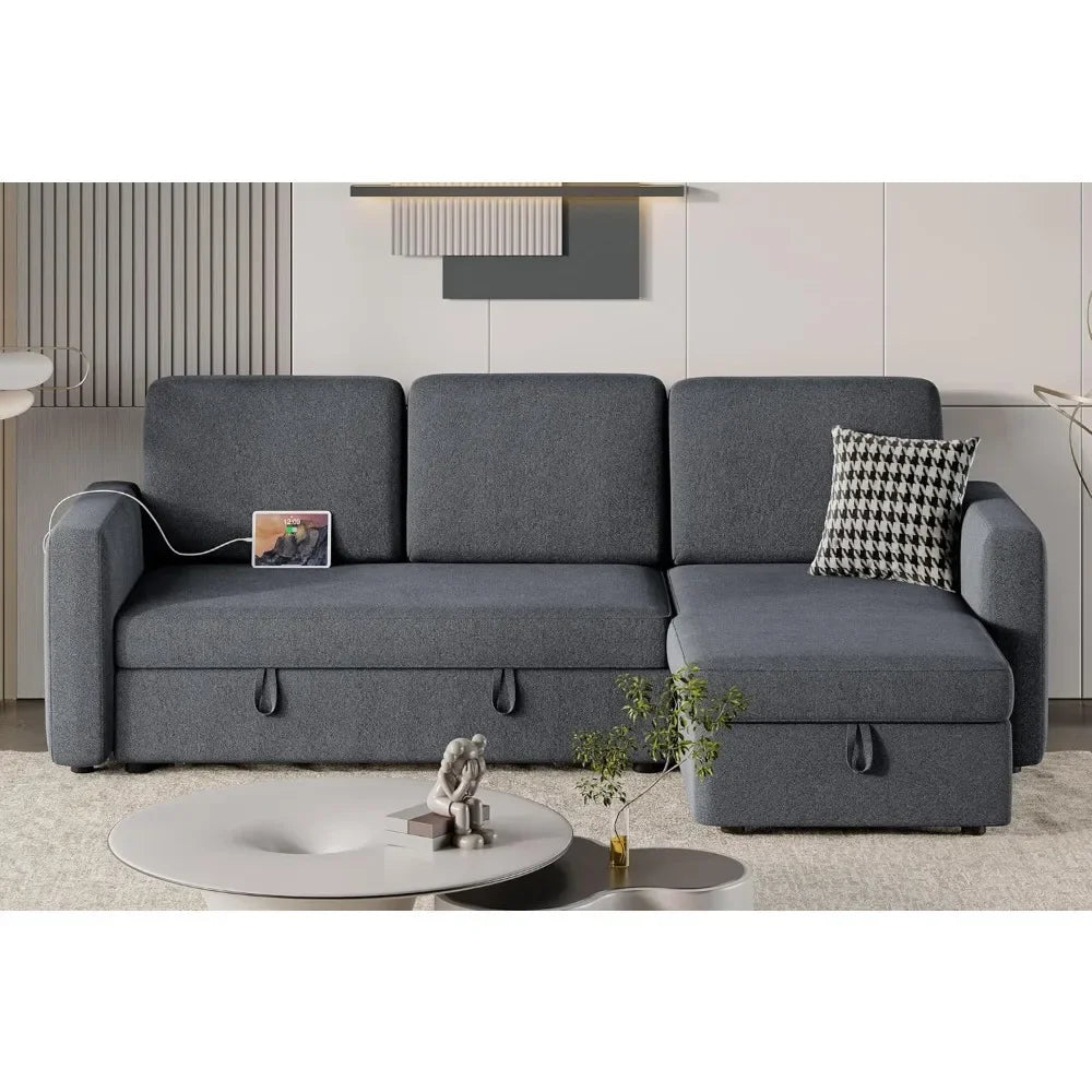 L-Shaped Sectional Sofa Bed with Chaise & USB Ports