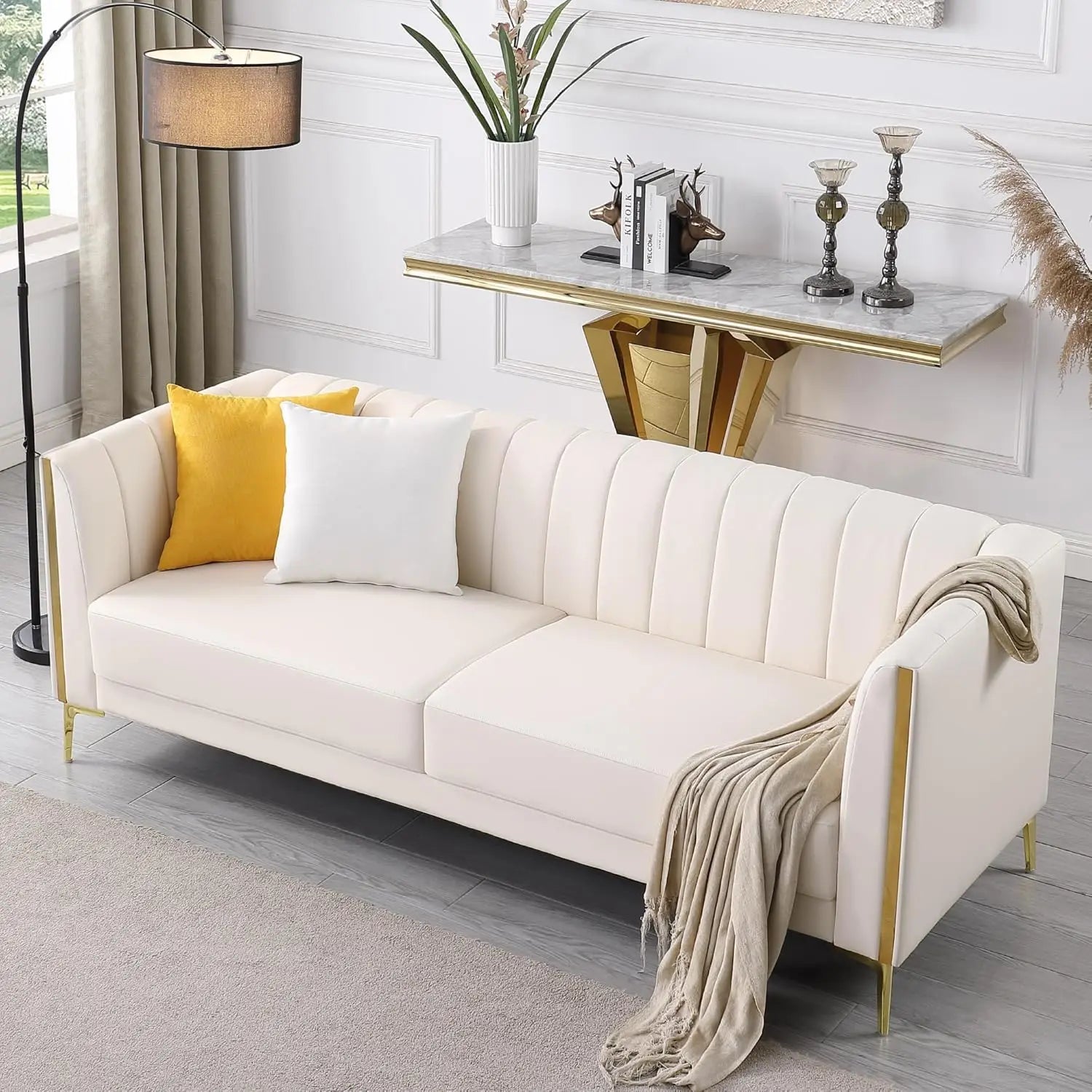Modern 78" White Faux Leather Sofa with Gold Legs