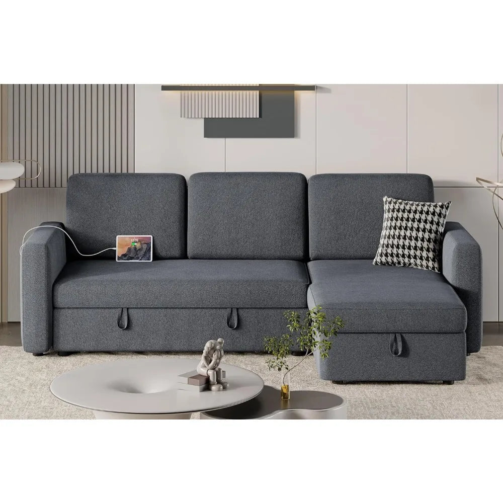 L-Shaped Sectional Sofa Bed with Chaise & USB Ports