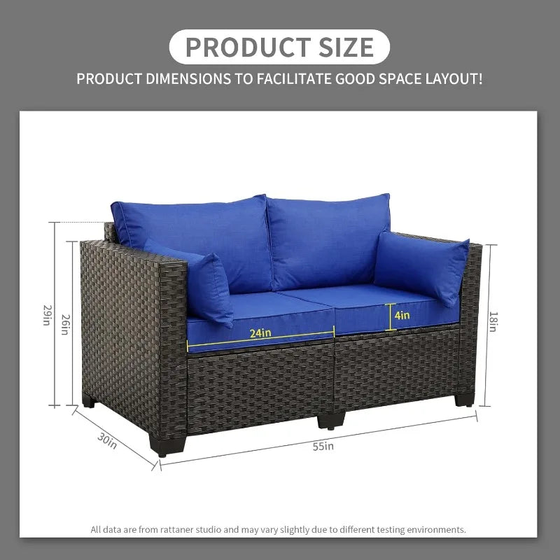 Outdoor PE Wicker Loveseat Sofa with Blue Cushions